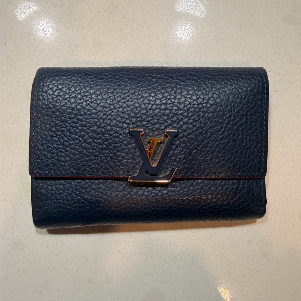 SOLD Louis Vuitton Lockme Compact Wallet Navy Blue Red Trim Gold LV Clasp + COA - Picture 2 of 11